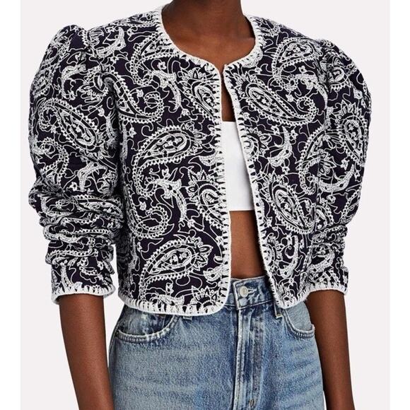 SEA New York Theodora Blue Paisley Quilted Cropped Jacket Size M Wool Blend - Picture 1 of 9